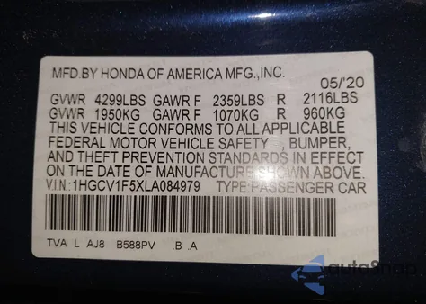 2020 Honda Accord Ex-L from USA, damaged, VIN 1HGCV1F5XLA084979